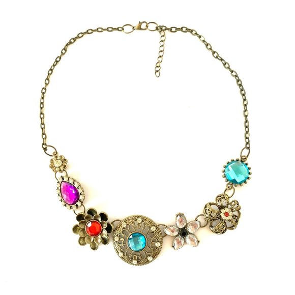 Gold Tone Multi Colored Crystal Statement Necklace - Picture 6 of 7